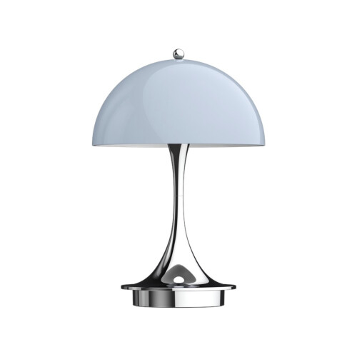 Portabel lampa Panthella 160 från Louis Poulsen i grå opalskärm och krom