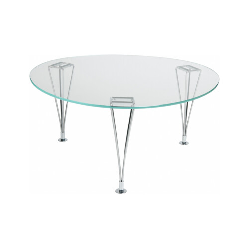 Bruno Mathsson Trisuperellips glasbord har en bordsskiva av transparent, härdat 10 mm glas och förkromade stålben.