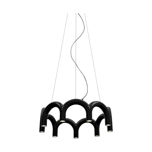 Svart lampa med bågar formade som "m" i en cirkel
