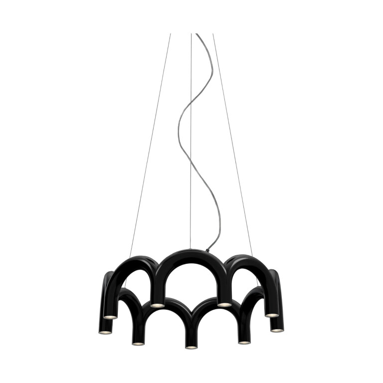 Svart lampa med bågar formade som "m" i en cirkel
